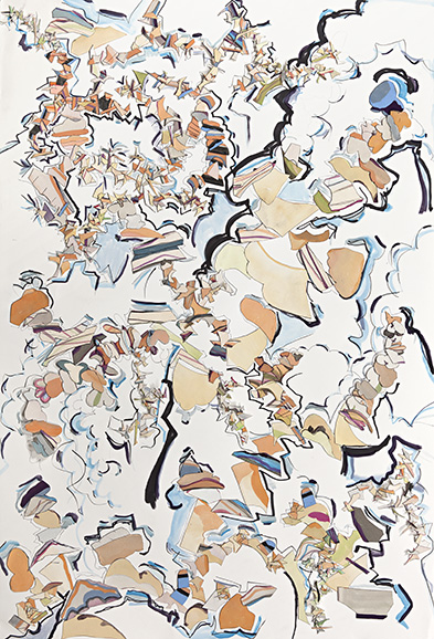 © 2025 Selena Beaudry. All rights reserved.  - Barnum’s Dance, 60” x 40” — Cut paper, gouache, acrylic, water color, pencil, and marker on paper, 2012