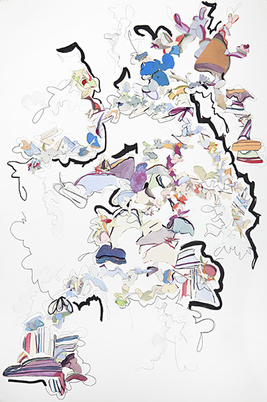 © 2025 Selena Beaudry. All rights reserved.  - Bombin’, 60” x 40” — Cut paper, gouache, acrylic, water color, pencil, and marker on paper, 2011