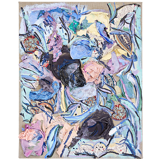 © 2025 Selena Beaudry. All rights reserved.  - 3 Flowers with the Same Name, 19in  H x 15in  W — fabric and paint on linen