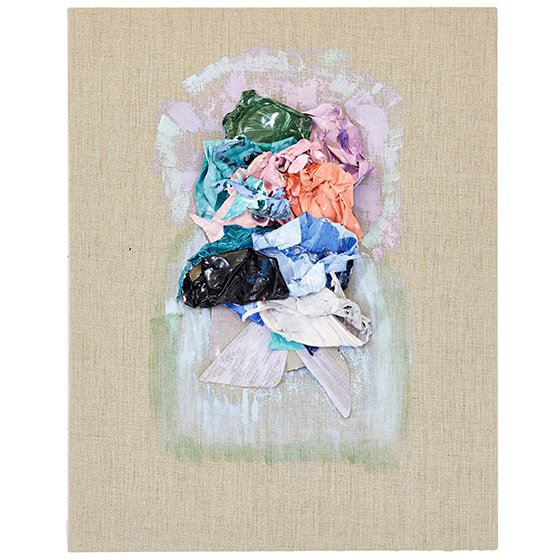 © 2025 Selena Beaudry. All rights reserved.  - Colour Bleed, 19in  H x 15in  W — fabric and paint on linen